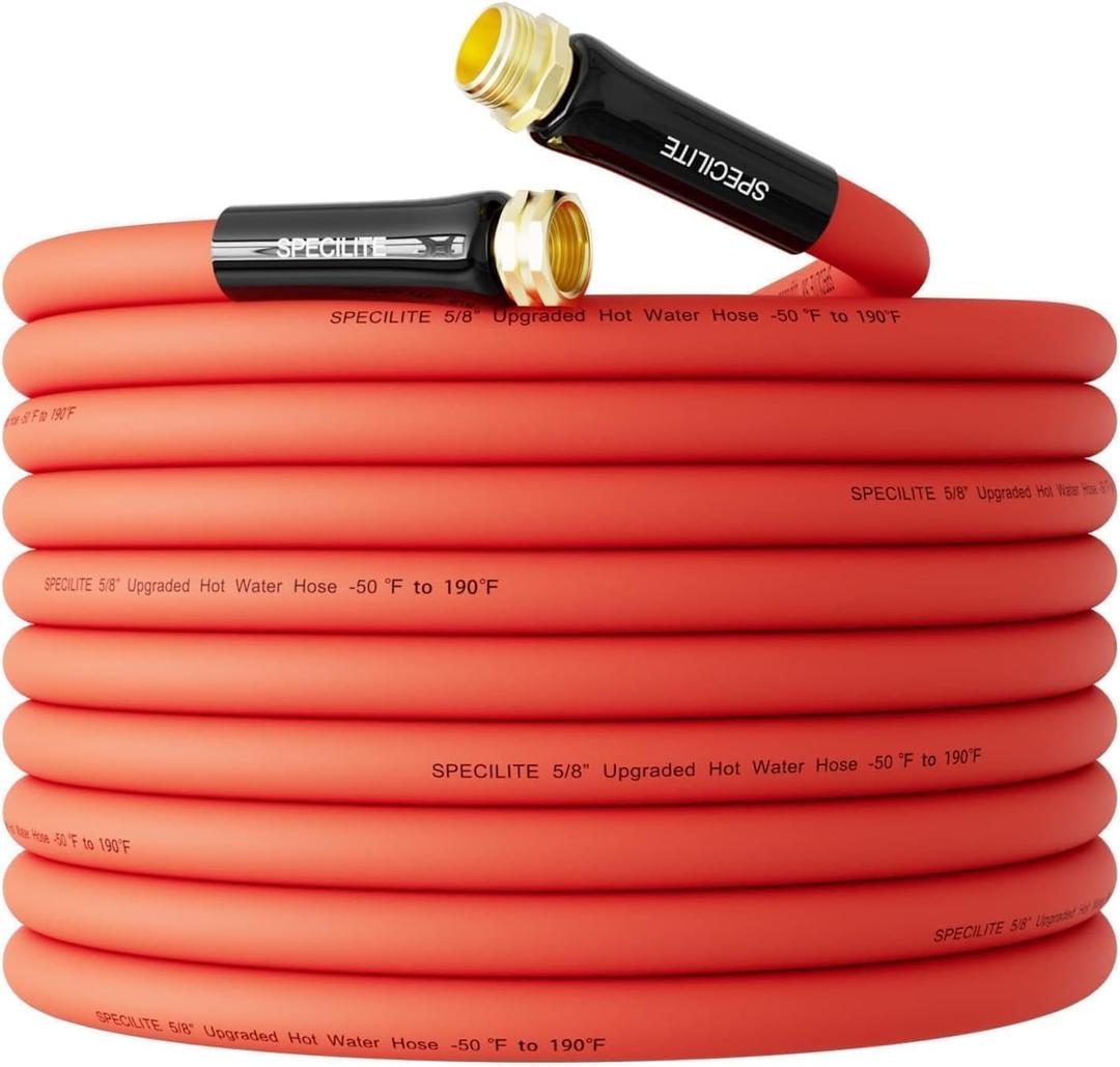 SPECILITE 5/8" Hot/Cold Rubber Garden Water Hose 50 ft, -50-190, 200psi Working, 600psi Burst, Flexible & Lightweight With 3/4" Brass Fittings for Yard, Outdoor, Farm, Agriculture, Construction, Red