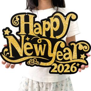 Happy New Year 2026 Black and Gold Wooden Hanging Sign Decorations, 2026 Happy New Year Front Door and Porch Wall Hanger Party Decorations