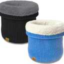 Unisex Kids Fleece-Lined Ribbed Thermal Knit Neck Warmer Gaiter | Dual Layer Winter Scarf Face Cover for Skiing Hiking (Black/Light Blue)