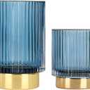 DASITON Makeup Brush Holder Organizer,Crystal Cosmetic Makeup Brush Glass Brushes Storage Holder, Vintage Make Up Brush Cup Pen Pencil Holder striped vase(Blue S+L)