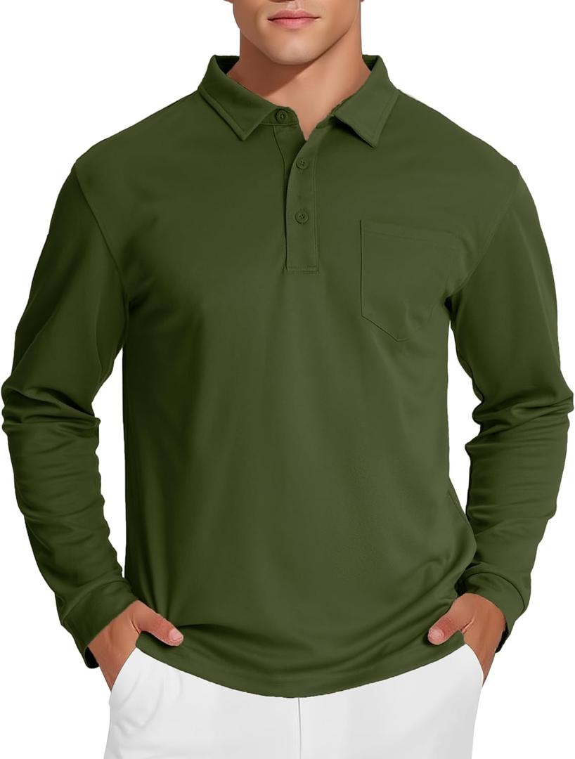 MAGCOMSEN Men's Polo Shirts with Pocket Long Sleeve Golf Quick Dry Shirts Performance Athletic Work Casual Collared Shirt (Green, XXL)