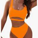 Blooming Jelly Women's High Waisted Bikini Sets High Cut Bathing Suits Two Piece Sporty Cut Out Swimsuits S, Orange