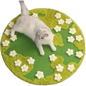 31 x 31 Inch 3D Garden Cat Scratcher Mat, Flower Sisal Cat Scratch Pad, Floor Cat Scratching Pads Rug for Indoor Cats, Protector for Wall&Carpets&Sofas, Green Moss Cat Claw Pad (White Flowers)