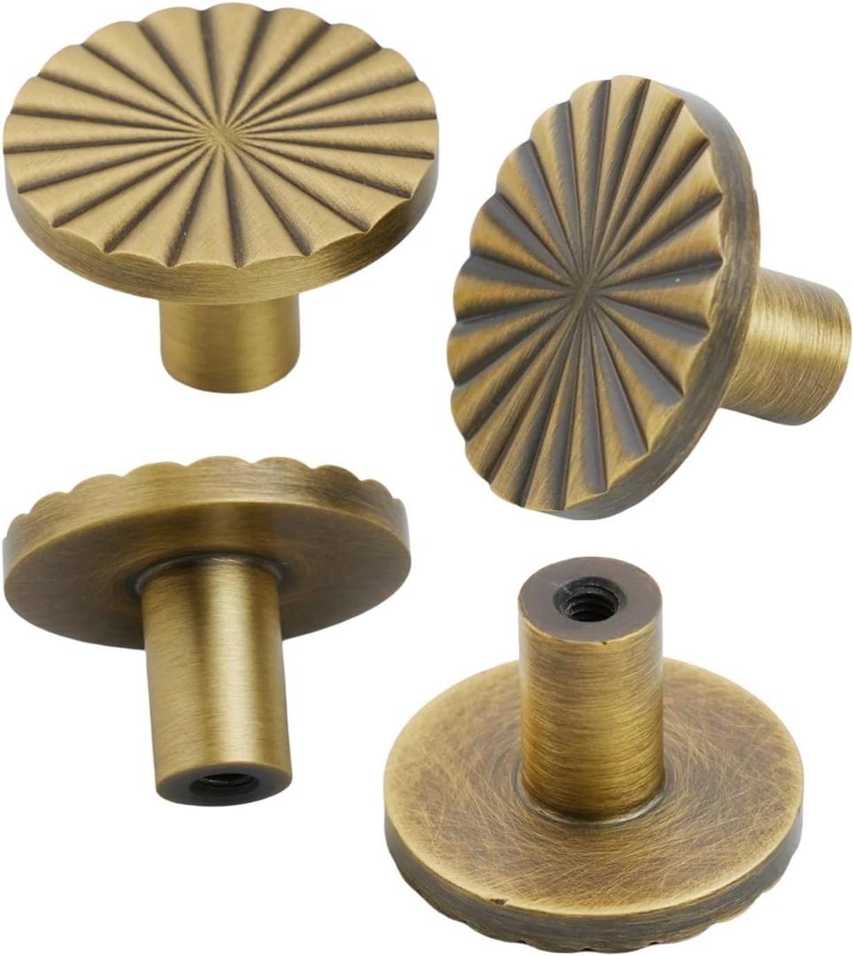 Door Knob Push Pull Door Knob Antique Brass Cabinet Handle, Zinc Alloy Drawer Handle, with Round Flower Design Yellow Bronze