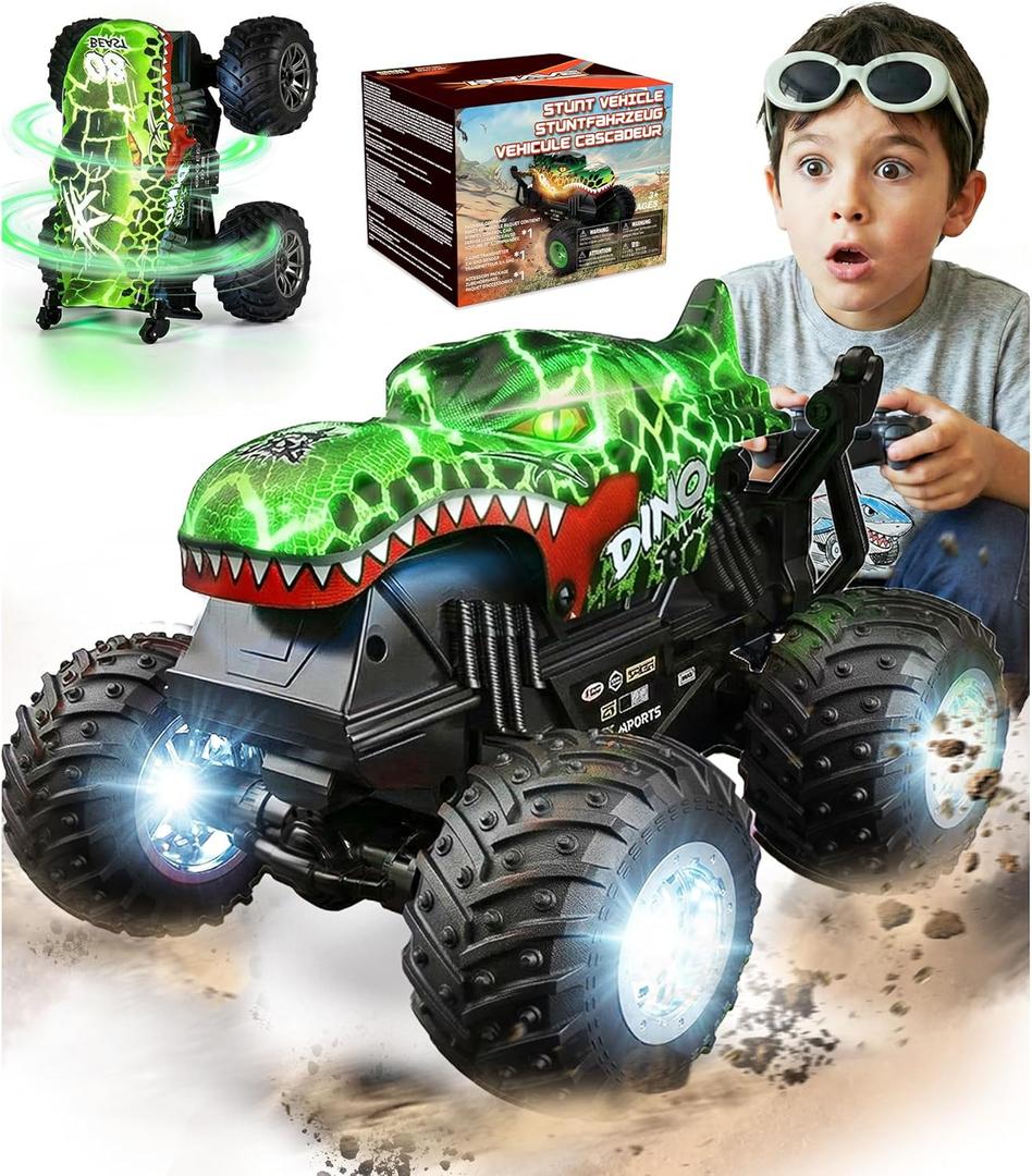 BEZGAR 1:20 Monster Truck Toys, 360°Stunt RC Cars Rotation Dinosaur Toys with Music, 2 Batteries and Wireless LED Strobe Lights, Remote Control Car for Boys 4 5 6 7 8 9 Years Old(Green)