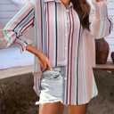 siliteelon Button Down Striped Shirts for Women Smocked Cuffed Long Sleeve Oversized Boyfriend Blouses Collared Work Tops (Pink, M)