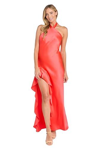 MORGAN AND CO. Women's Elegant Satin Halter Maxi Dress W/Ruffle Side Slit & Tie Neck - Cocktail Party Gown Tangerine 15