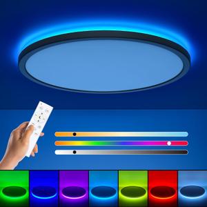 Annaror RGB Flush Mount LED Ceiling Light with Remote, 12 Inch Ceiling Light Fixture with Color Changing Backlight, 3000K-6500K Dimmable, 24W for Bedroom Kids Room Black