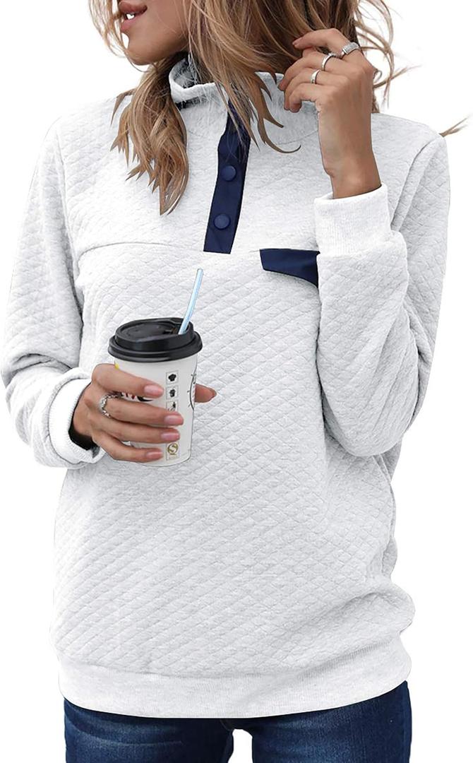 BTFBM Women Fashion Quilted Pattern Lightweight Zipper Long Sleeve Plain Casual Ladies Sweatshirts Pullovers Shirts Tops (X-Large, Pure White)