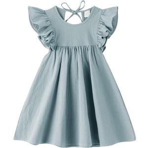 Toddler Baby Girl Dress Cotton Linen Ruffle Halter Sleeveless Dresses Kids Summer Sundress (2T, Grey Blue)