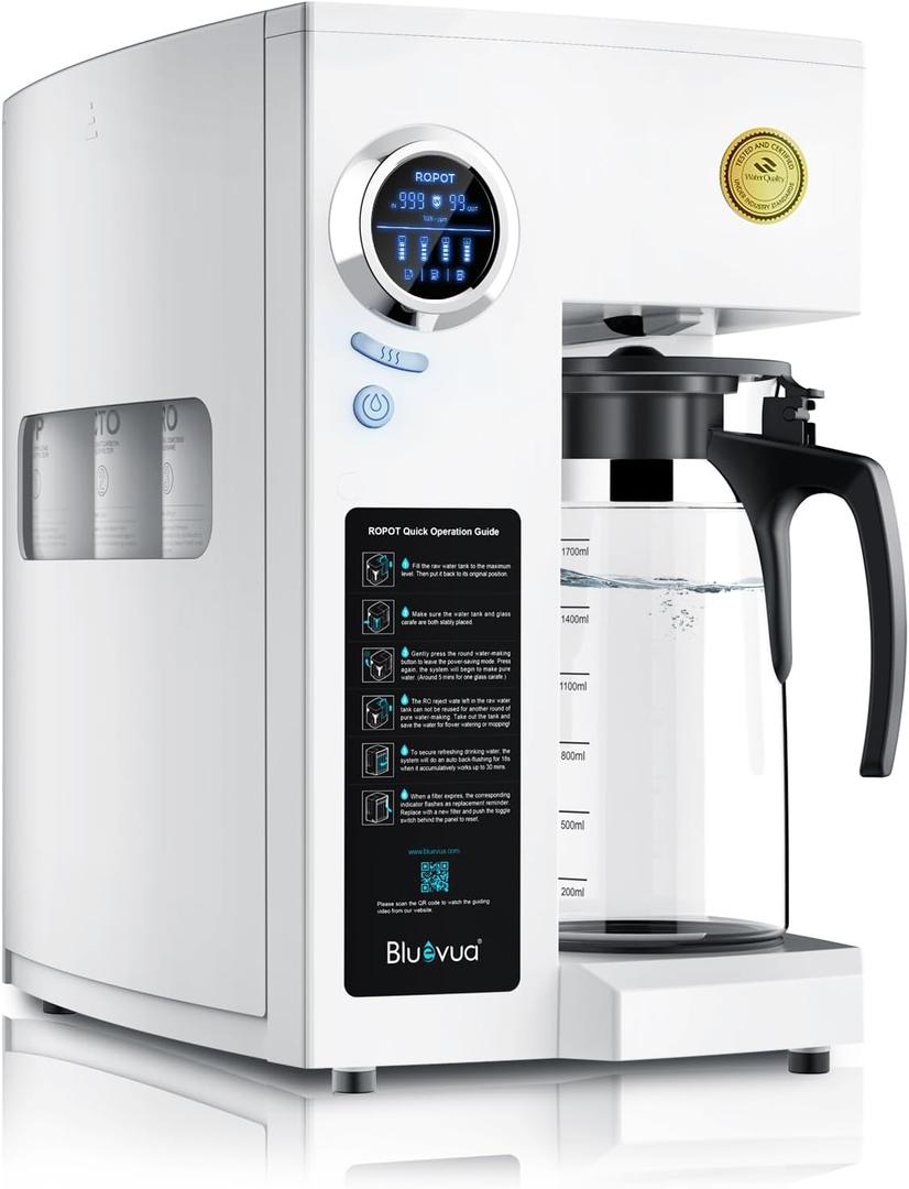 Bluevua RO100ROPOT Countertop Reverse Osmosis Water Filter System, Portable RO Filtration with Remineralization, No Installation, WQA Certified - ROPOT-UV, 6-Stage RO