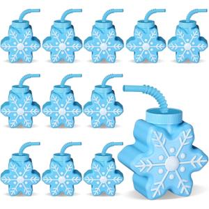 Sliner 12 Pcs Christmas Party Plastic Cups 10 oz Xmas Snowflake Cups Gift Reusable Snowflake Christmas Cup with Lids Straws for Winter Xmas Birthday Party Gifts Supplies