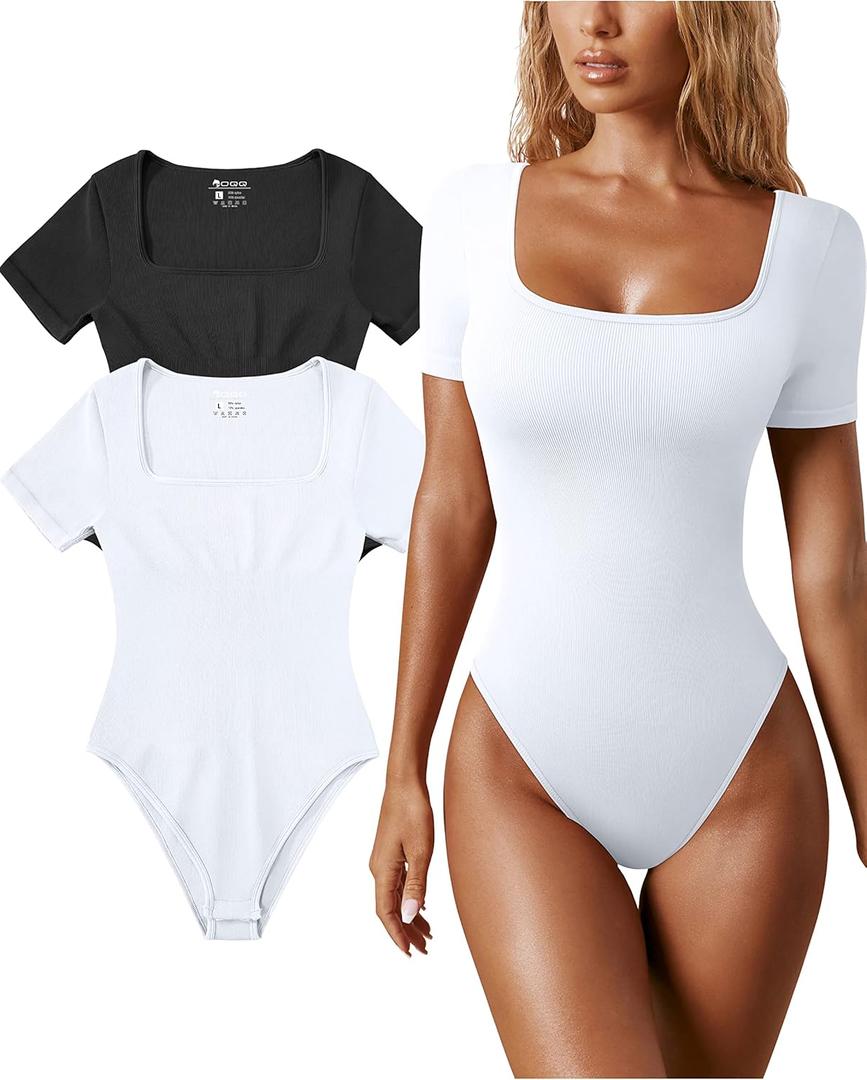OQQ Women's 2 Piece Bodysuits Sexy Ribbed One Piece Square Neck Short Sleeve Bodysuits (Black White), Medium