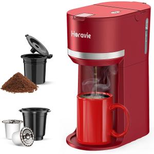 Mini Single Serve Coffee Maker for K Cup and Ground Coffee, Fast Brew One Cup Coffee Machine with Descaling Reminder and Water Window, 6 to 12 oz. Brew Sizes, Red (9.45 Inches)