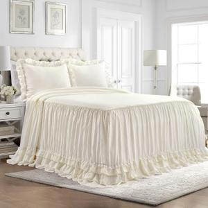 Lush Decor Ella Ruffle Lace Bedspread, 3 Piece Set, Queen, Ivory - Cute Bed Set - Queen Bedding - White Bedding - Coquette Decor - Neutral Ruffle Trim - White Lace Trim
