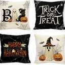 Happy Halloween Ghost Boo Pillow Covers Trick or Treat 18 x 18 Inch Throw Pillows, Black Cat Spooky Pumpkin Spider Web Decorative Farmhouse Seasonal Cushion Case for Sofa Couch Set of 4