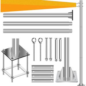Sun Shade Sail Pole, 110 inch Sunshade Poles, Shade Cloth Canopy Stainless Steel Post for Deck, Patio, Backyard, In Ground, Outdoor, Homes, Yard, Gardens, Light String Pole with Base Plate