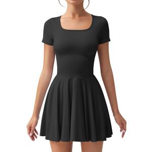 OQQ Women's Square Neck Ruffle Hem Mini Dress Summer Short Sleeve with Shorts Party Dresses (Medium, Black)