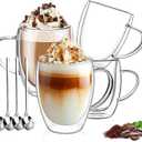 DINGPAl 4 Pack Double Wall Glass Coffee Mugs, 12 oz Walled Insulated Cappuccino Mug Heat Resistant Borosilicate Glass Coffee Cups with Handle and Spoon for Latte, Espresso, Americano, Hot/Cold Drink