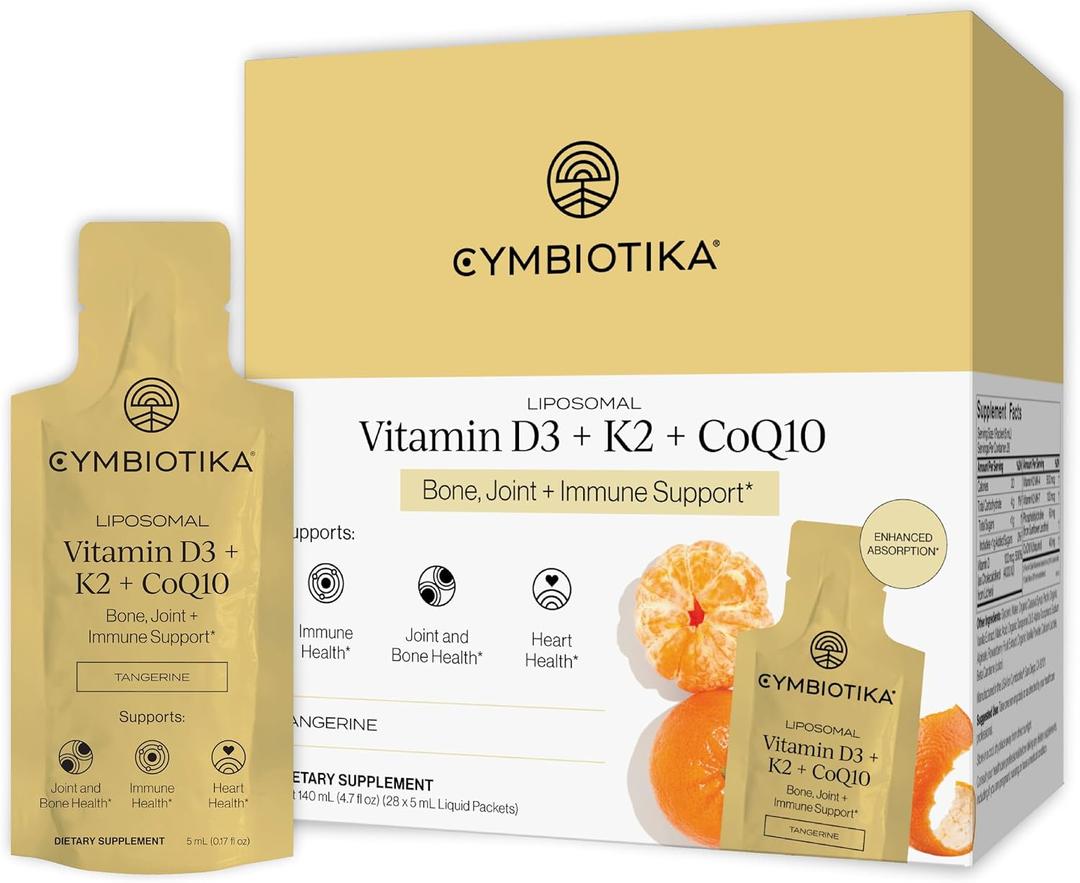 CYMBIOTIKA Liposomal Vitamin D3 + K2 + CoQ10 for Bone, Heart & Immune
Plant-based D3 with K2 MK-4 & MK-7 plus CoQ10 for immune & bone support. Enhanced absorption. Lemon, 28 packets. Vegan.