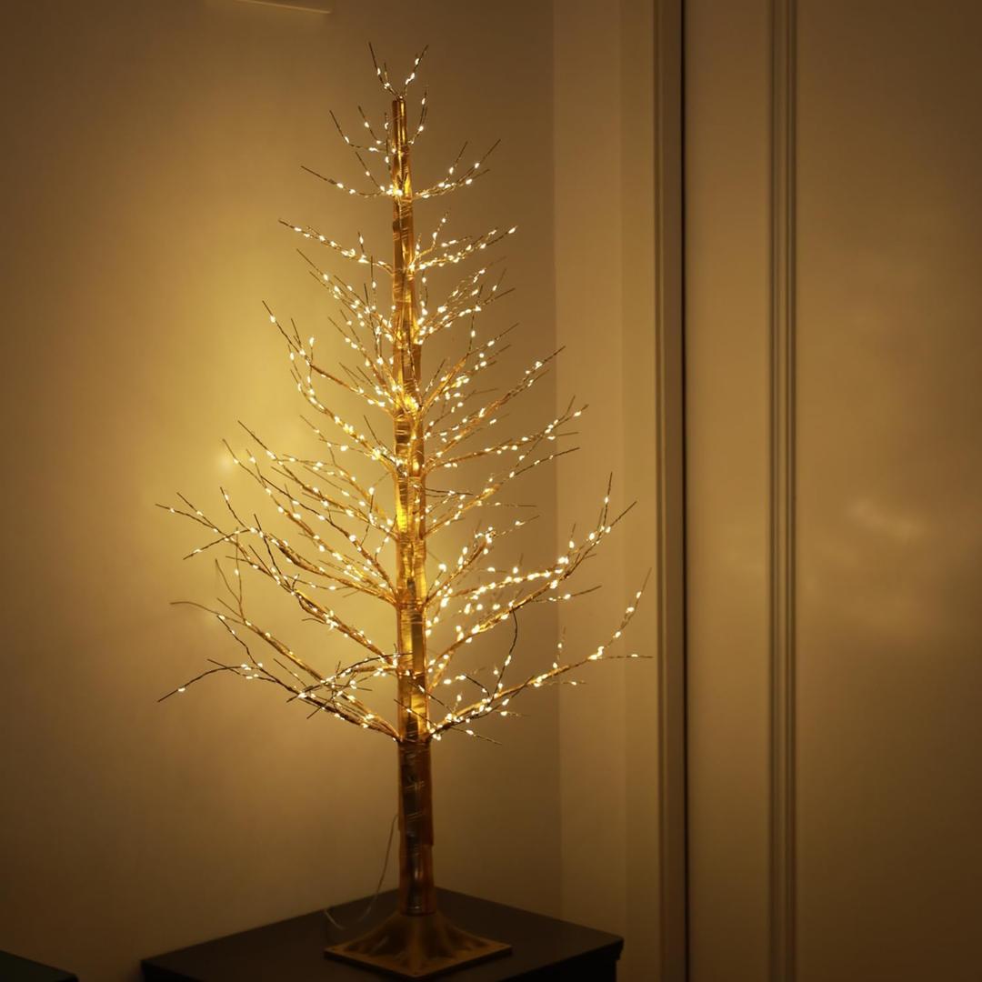 4ft Lighted Gold Christmas Tree with 650 Led Fairy Lights, Twinkle Light Christmas Birch Alpine Tree with IP44 Waterproof for Halloween Fall Indoor Outdoor Winter Christmas Decorations,Plug-In