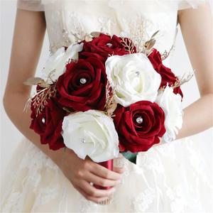 Wedding Bouquets for Bride Bridesmaid, Wine Red White Rose Artificial Flowers Bouquet Bouquet Bride Church Home Decoration (Burgundy + White)
