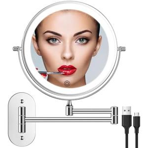 Rechargeable Wall Mounted Lighted Makeup Vanity Mirror 8 Inch Double Sided 1X 10X Magnifying Bathroom Mirror, 3 Color Lighting, Touch Screen Dimming, Extended Arm 360 Rotation Shaving Light up Mirror