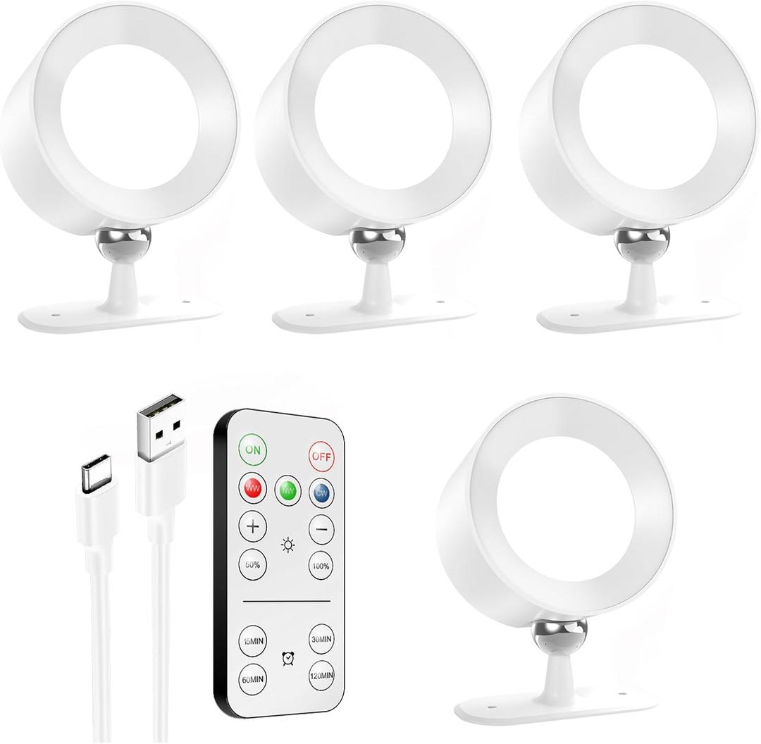 AOMEES Wall Lights Battery Operated Wall Sconce, 3 Color Temperatures & 3 Brightness Levels & Remote and Touch 360Rotation, Mounted Cordless Lamp Magnetic Rechargeable Led Lights for Bedroom 4PCS (White)