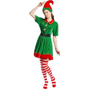 Elf Dress for Women Costume,Holiday Hat, Red Striped Stockings, Rubber Band Belt 4-Piece Set (Sizes: S, M, L, XL) (Green, L)