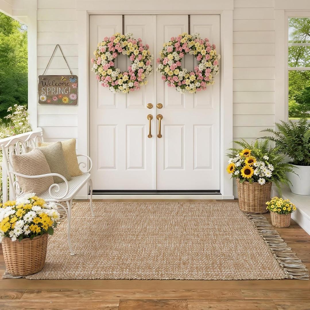 Collive Washable Area Rug 3' x 5', Modern Farmhouse Woven Kitchen Rugs, Tan/Cream Indoor Outddor Mat Braided Throw Carpet for Entryway Bedroom Nursery Laundry Living Room
