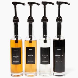 Molimoli Set of 3, 350ml, Coffee Syrup Dispenser for Coffee Bar, Coffee Pump Dispenser, Glass Syrup Bottle w. Pumps, Simple Syrup Dispenser w. Labels (Black)