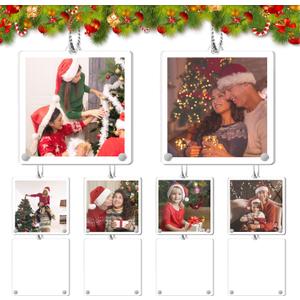 100 Pcs Christmas Hanging Photo Frame Ornaments, Personalized Clear Acrylic Double Sided Mini Christmas Picture Frame Ornaments with Rope for Xmas Tree Decoration (Square)