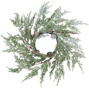 Winlyn 4 Pcs Artificial Snowy Cedar Pine Candle Rings Christmas Candle Holder Rings Wreaths with Pine Cones Red Pip Berries Mini Winter Wreaths 15.7" Wide for Farmhouse Christmas Winter Holiday Dcor