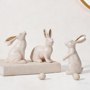 DN DECONATION Easter Bunny Figurines, Small Decorative Bunny Statue Set of 3, Beige & Gold Easter Rabbit for Modern Tabletop Decor Home Spring Decoration Gift, Resin Sculptures Decor