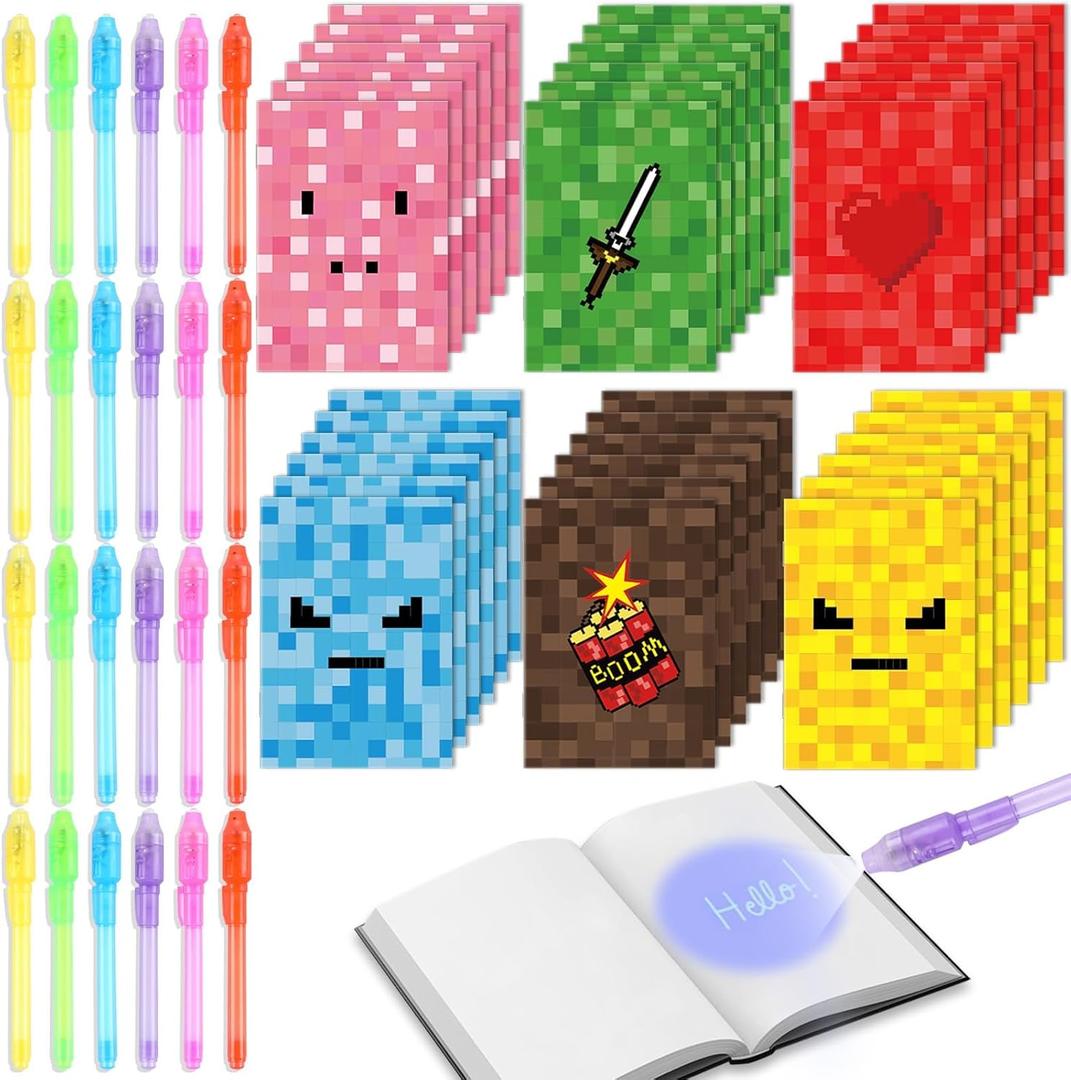 ZOIIWA 48 PCS Pixel Theme Party Favors 24 Invisible Ink Pens Bulk with UV Light and 24 Mini Notepads for Kids 4-8 8-12, Spy Game Pens Magic Marker for Kids Birthday Supplies Gifts Goodie Bags Stuffers