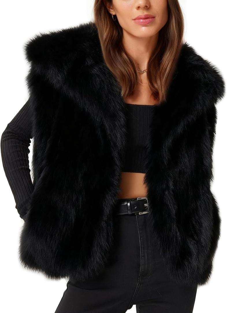 Flygo Womens Faux Fur Vest Fuzzy Lapel Collar Sleeveless Jackets Winter Warm Fluffy Open Front Shaggy Outerwear Vests (Medium, Black)