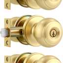 Karlstone 3 Pack Gold Ball Door Knob, Satin Brass Round Front Door Handle Gold Entry Door Lock for Right or Left Handed Doors