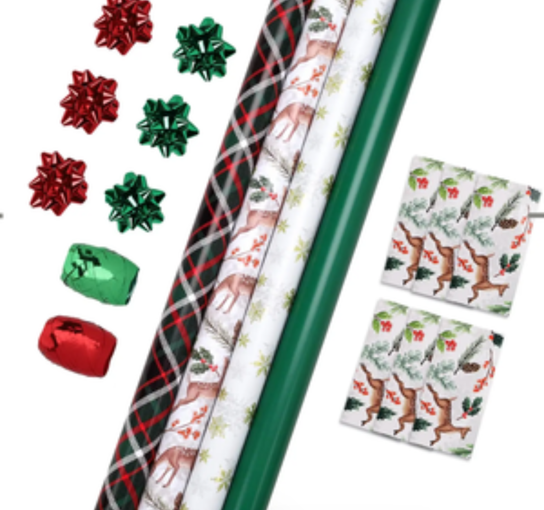 LaRibbons Christmas Wrapping Paper Set, Reindeer & Snowflake Design with Gift Bow & Ribbons & Tags, Perfect for Holiday, Party, Xmas Celebration,30 Inch X 10 Feet (4Rolls, 100 sq.ft.ttl.)