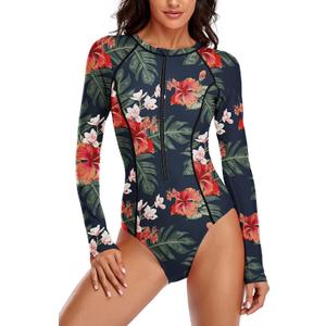 YATEEN Women's Athletic Training Swimsuit Long Sleeve Rashguard (X-Large, #10 Navy / Red)