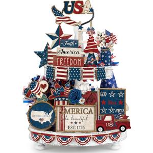 26 Pcs 4th of July Tiered Tray Decoration Patriotic USA Wood Signs Rustic America Flag Red White and Blue Tiered Tray Decorations for Memorial Day Home 250th Anniversary Birthday Party