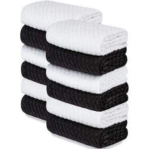 Wealuxe Premium 12 Pack Cotton Dobby Weave Kitchen Towels, Black/White, 15x26 Inches, 410 GSM, Machine Washable