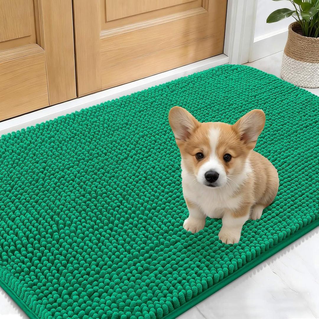 OLANLY Dog Door Mat for Muddy Paws 24x16, Absorbs Moisture and Dirt, Absorbent Non-Slip Washable Doormat, Quick Dry Chenille Mud Mat, Entry Indoor Entryway Carpet for Inside Floor, Emerald Green