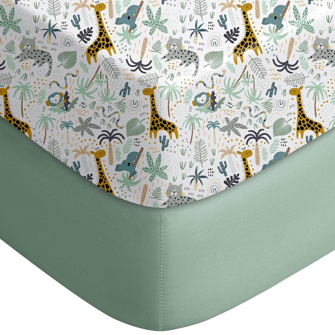 Yoofoss Pack and Play Sheets Fitted, Mini Crib Sheets 2-Pack for Pack N Play Mattress, Stretchy Playard Sheet, Soft and Breathable Green+Giraff (Pack N Play Sheets, Green + Giraffe)
