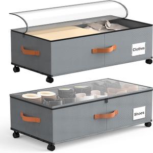 Under Bed Storage Containers with Wheels, 9.5 inches Higher Underbed Shoes Blankets Clothes Toy Storage Drawers for College Dorms Bedrooms Nursery Rooms Organization, 2 Pack to be Assembled (Grey)
