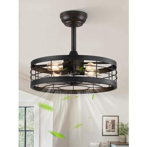 LEDIARY 18 inch Black Caged Ceiling Fan with Light, Bladeless Industrial Ceiling Fan with Remote, Farmhouse Fan Lights Ceiling Fixtures for Kitchen, Bedroom, Outdoor6 Speed, Timing-Black