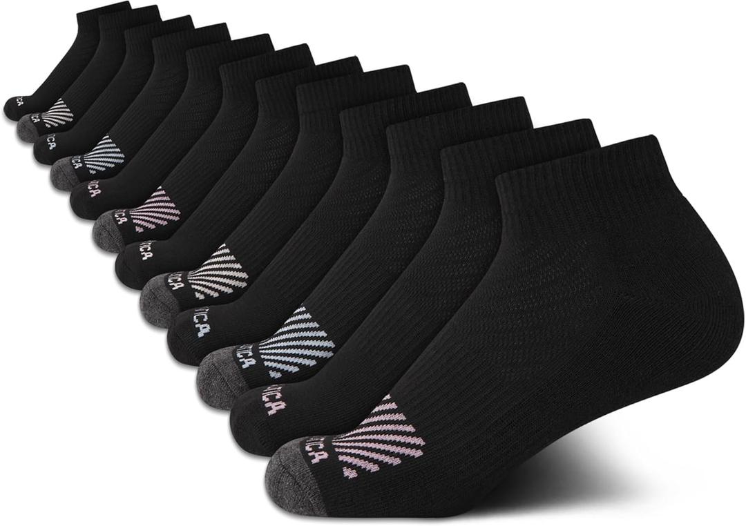 Nautica Womens Quarter Socks - 12 Pack Moisture Control Cushioned Athletic Socks for Women for Sport & Gym Wear (Size: 4-10) (Black Logo)