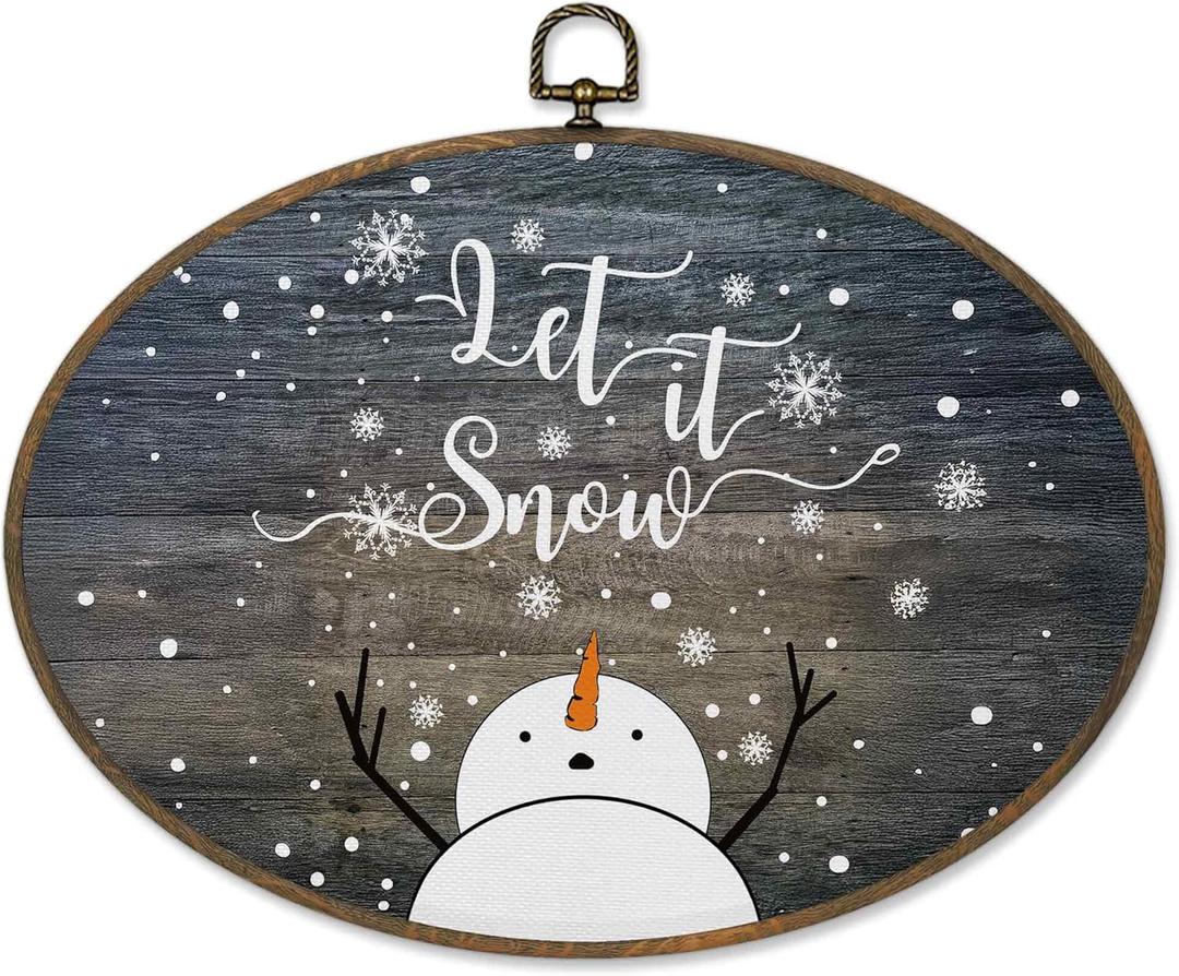 Sviojuce Winter Snowman Oval Wall Art Decor 8.6x11.4, Let It Snow Framed Canvas Prints Wall Artwork, Vintage Christmas Wall Hanging Decor for Farmhouse Bedroom Living Room Decorations (gray)