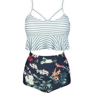Women's Retro Boho Flounce Falbala High Waist Bikini Set Chic Swimsuit(FBA) (XX-Large)