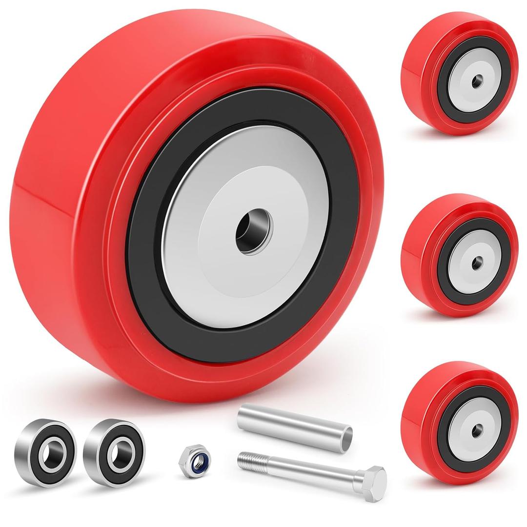 Nefish 5" X 2" Caster Wheels, Polyurethane on Polyolefin Core Wheel with Double Ball Bearing and Dust Cover 1/2" Bore Heavy Duty Replacement Caster Wheels 3200 lbs Capacity Set of 4