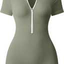 OQQ Women Rompers Ribbed Short Sleeve Zip Front Stretch Tummy Control Yoga Workout Rompers, Size: L